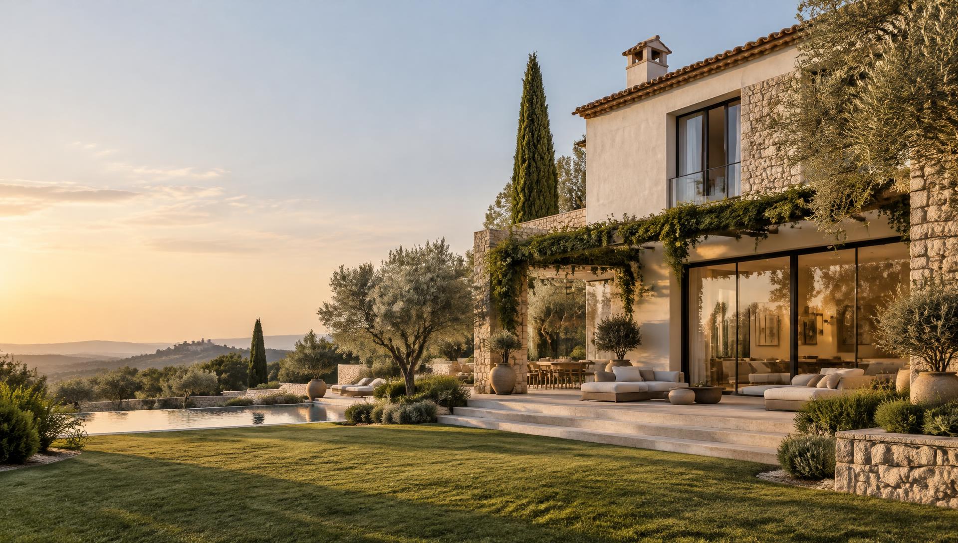 Villa mediterranea contemporanea al tramonto, tra ulivi e prato